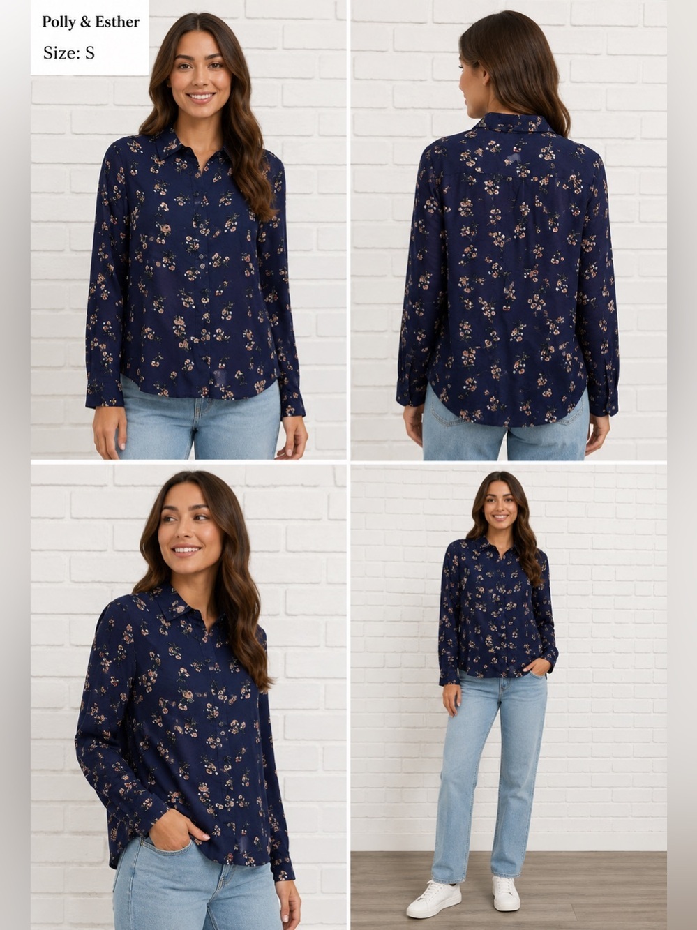 POLLY & ESTHER women long sleeve floral button down boho blouse/size S